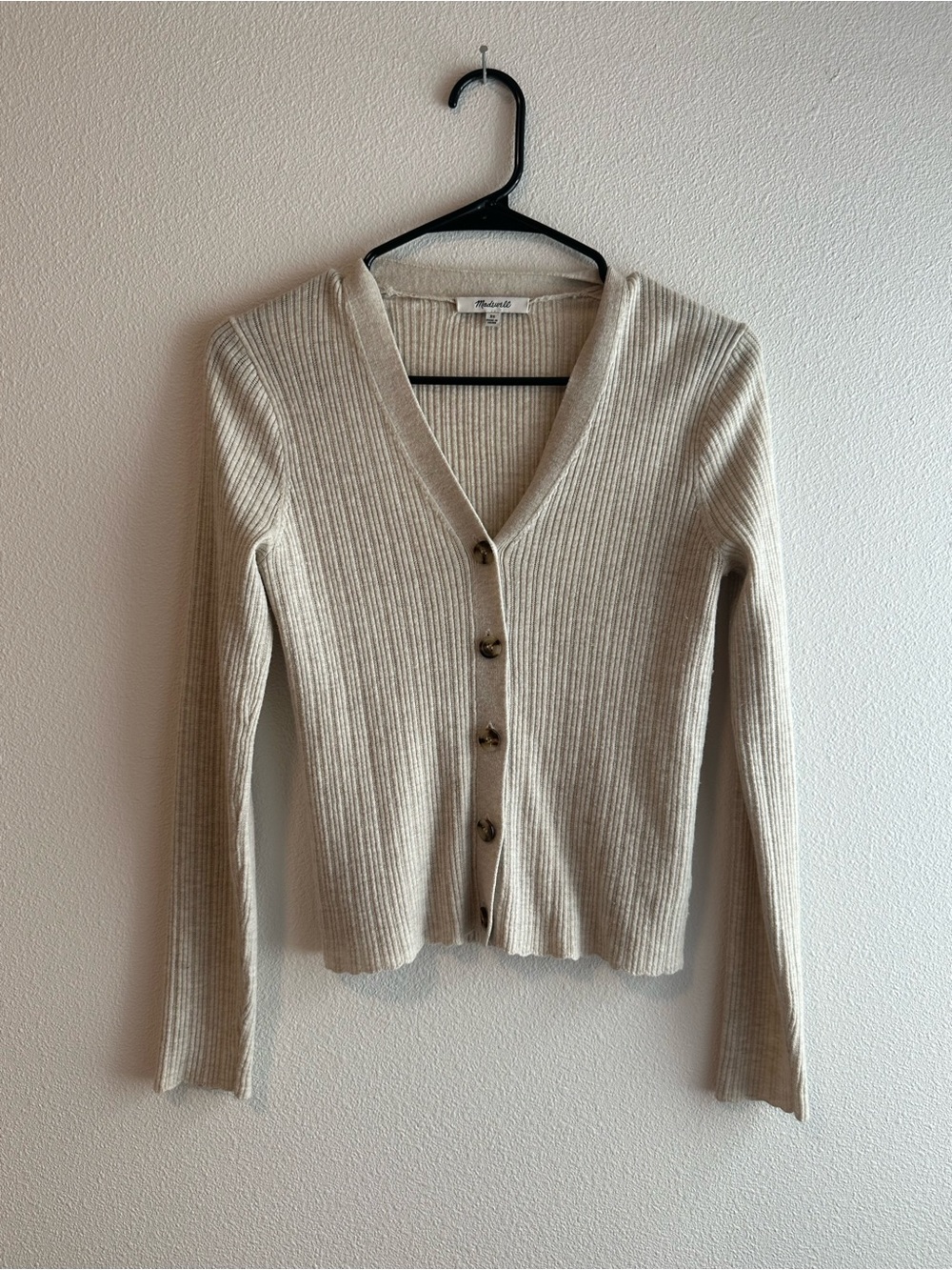 MADEWELL Cream Ribbed Button-Up Scalloped Sweater Women’s extra small